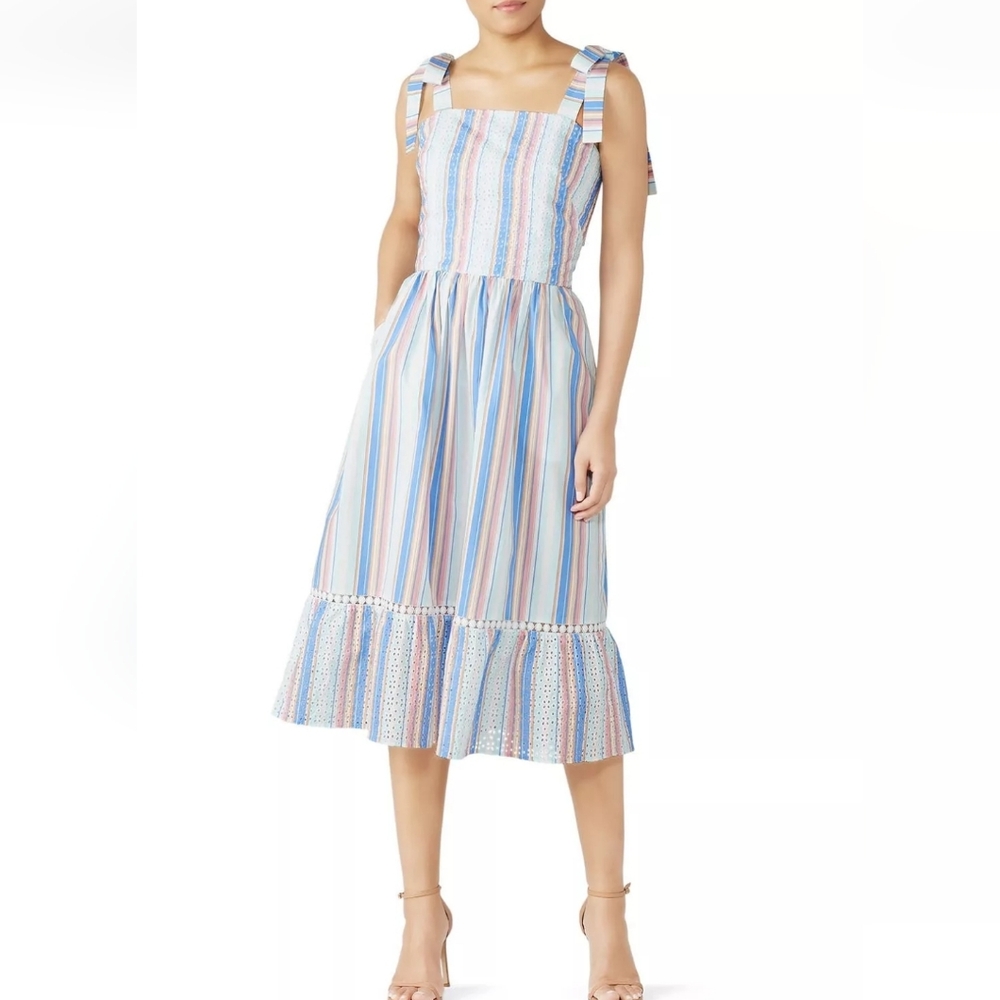 Shoshanna Demeri Striped Eyelet Midi Colorful Striped Dress Size 8